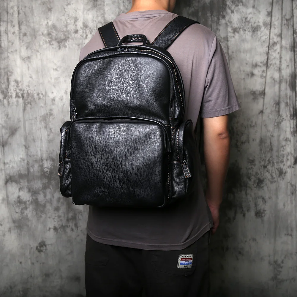 NZPJ Leather Men's Backpack Natural Cowhide Schoolbag Casual Travel Bag Black Fashion Computer Bag Capacity 16 Inch Laptop