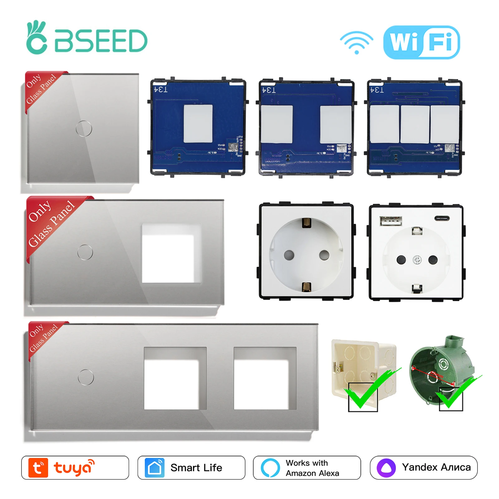 BSEED-Interruptor táctil Wifi en vivo, interruptor inteligente Tuya, piezas  de función, Panel frontal de vidrio, piezas de bricolaje, combinación  gratuita, 1/2/3 entradas - AliExpress