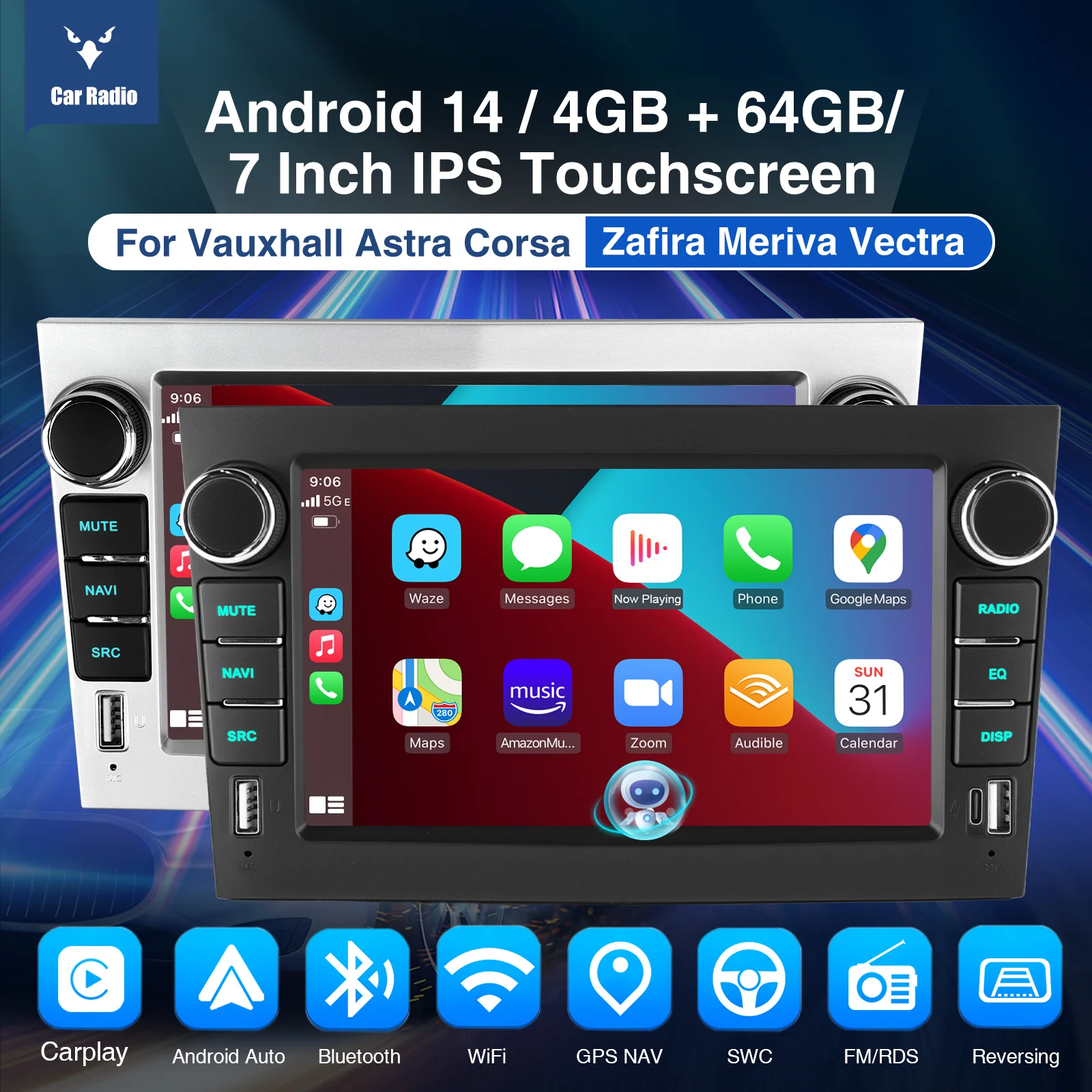 ESSGOO Autoradio Android 14 7" 4+64GB für Opel Vauxhall Corsa C/D Zafira B Astra H Vectra C Wireless Carplay Android Auto GPS Navigation FM BT WIFI Lenkradsteuerung RDS Dual USB Typ C KI Stimme Multimedia-Videoplayer – Detail 1
