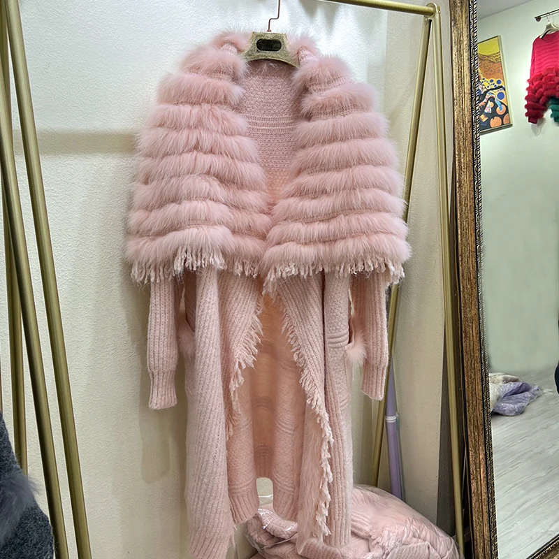 

Hot sale Luxury natural Fox Fur Knitting jackets Cardigan Loose-fit Long genuine fox knitted fur coats