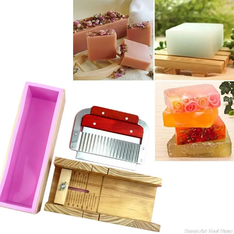 Wooden Soap Loaf Cutter Mold and Soap Cutter Set Rectangle Silicone Mold with Box Straight and Wavy s