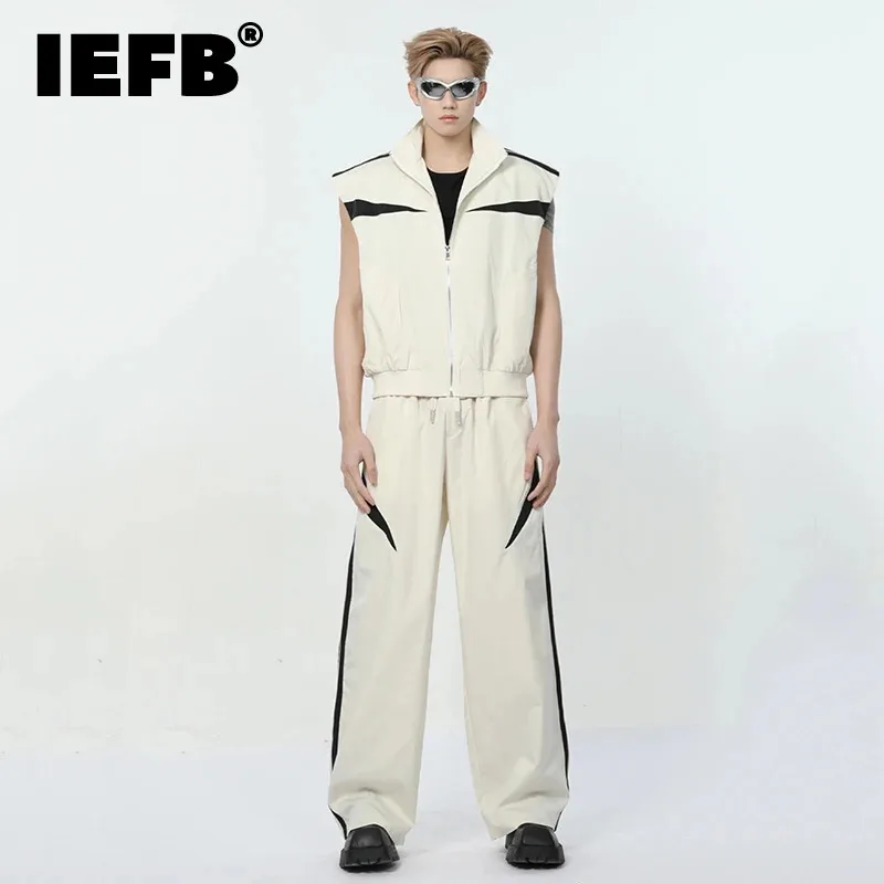 

Майка IEFB мужская из двух предметов, Повседневная рубашка без рукавов, на молнии, на завязках, прямые брюки контрастных цветов, 9C6547, на лето