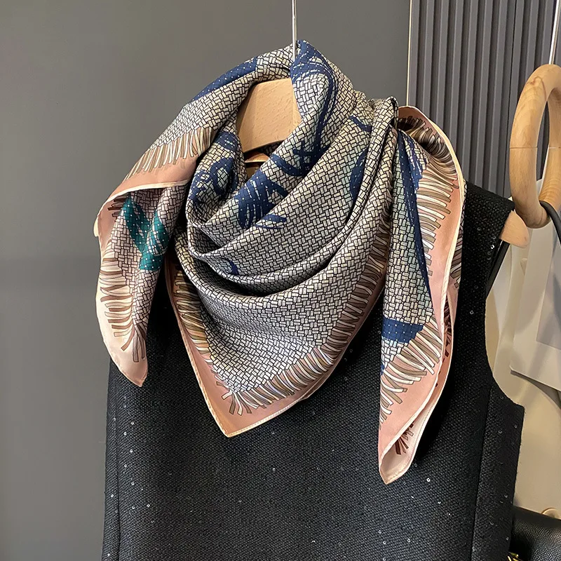 90×90CM New Retro Double-sided Printed Scarf Neck Scarf High-end Fashion Age-Reducing Silk Scarf Fashionable Scarf With Shawl 5