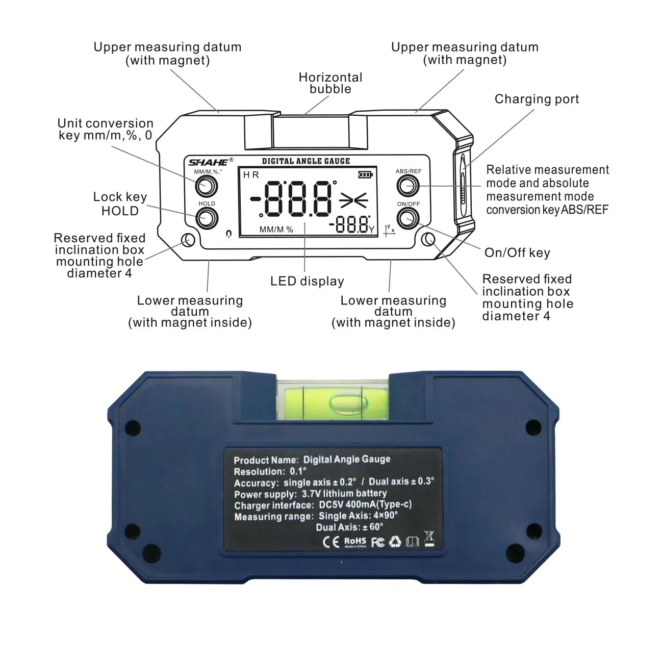 SHAHE MINI Magnetic Level Gauge Inclinometer Rechargable Angle Protractor Dual Axis Digital Angle Finder With Level Bubble level gauge