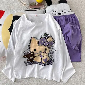 بيجامة Kawaii Hello Kitty للنساء بلوفر وسروال بأكمام طويلة، مجموعة ملابس نوم مريحة مع ملابس وسادة صدر ​
