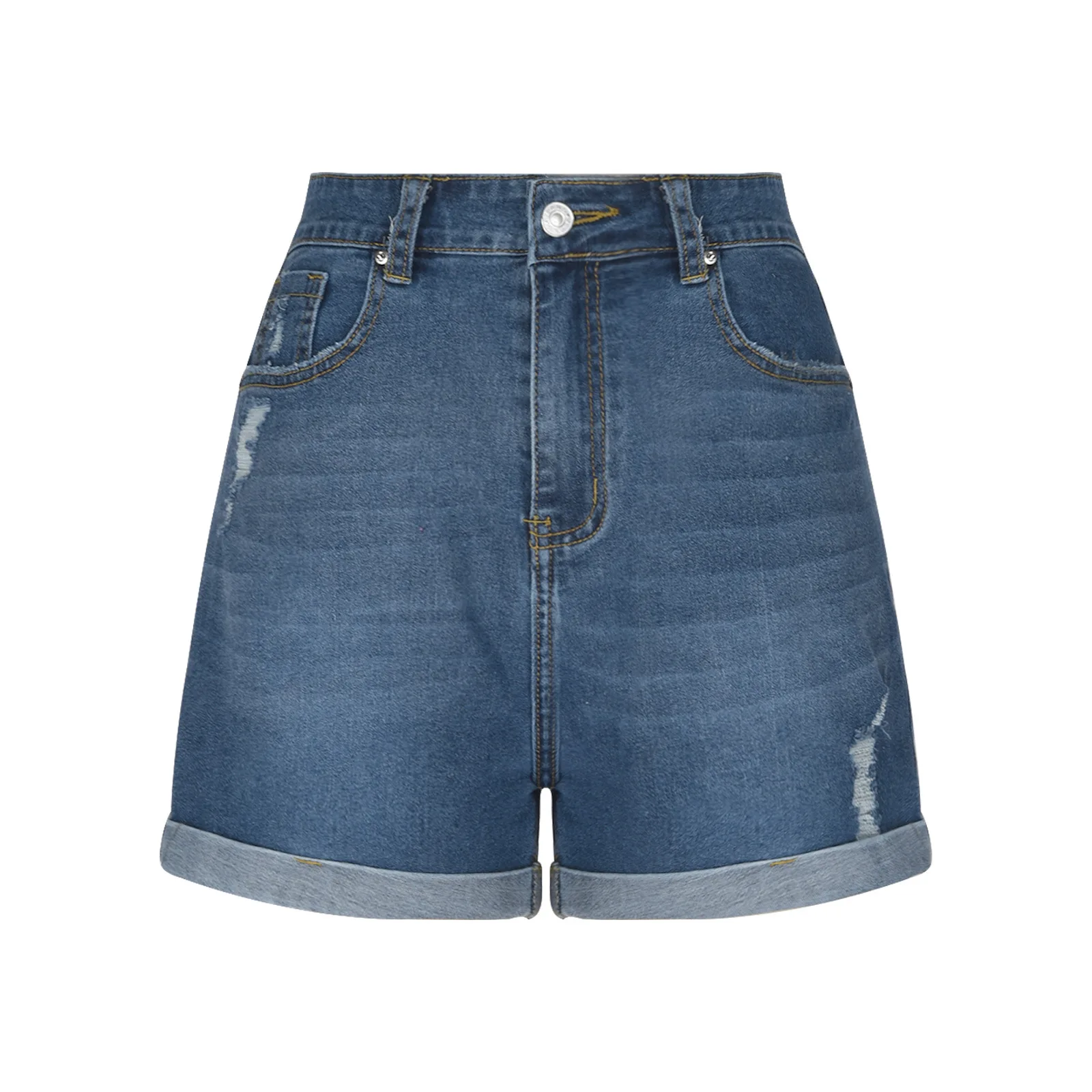 Women's Summer Slim Fit Denim Shorts Straight Cut Worn Edges Rolled Hem Casual High Waist Blue Jeans Short Pants 1