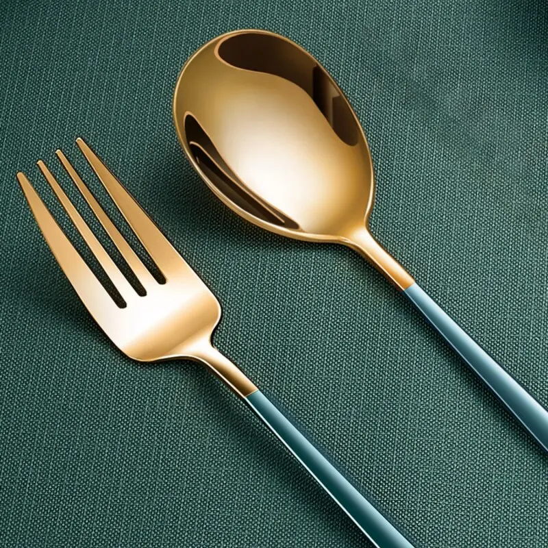 2pcs Black Golden Cutlery Set Fork Spoon Green Golden Stainless Steel