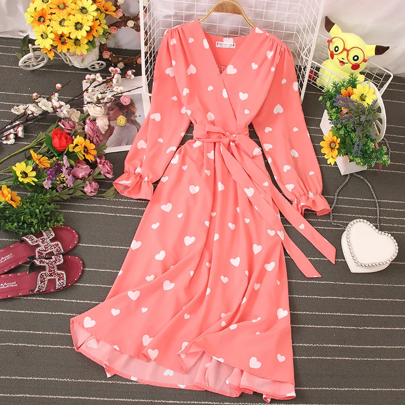 

Spring Autumn Women Long Sleeve Heart Cherry Print Dress V-Neck Tie Bow Belt Chiffon Dresses Lady A Line Large Hem Long Vestidos