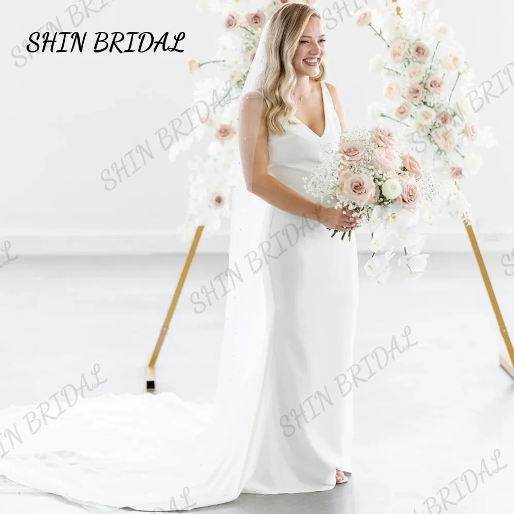 

SHIN BRIDAL 2024 Elegant Spaghetti Straps V Neck Crepe Mermaid Wedding Gowns 2024 Sleeveless Backless Plain Simple Bride Dresses
