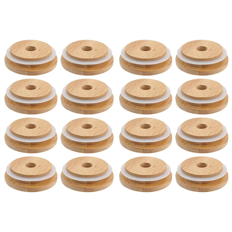 

4X Reusable Bamboo Jar Lids 70MM Bamboo Mason Jar Lids With Straw Hole For Wide Mouth Mason Jar