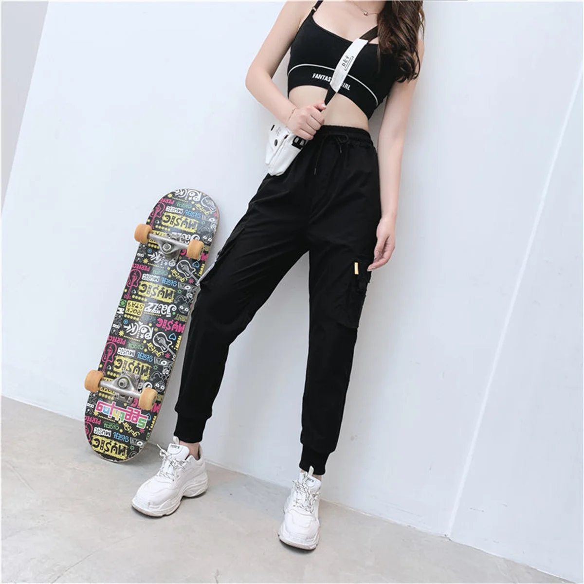 Black Cargo Pants Women Casual Joggers High Waist Loose Female Hip Hop Trousers Korean Punk Pants Funny Capri Streetwear Femme