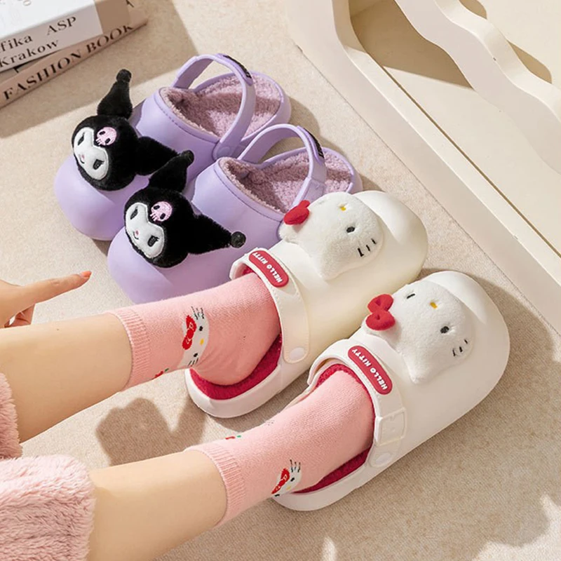 

Sanrio Cartoon Women Cotton Slippers Kawaii Hellokitty Kuromi Slippers My Melody Cinnamoroll Lightweight Waterproof Hole Shoes