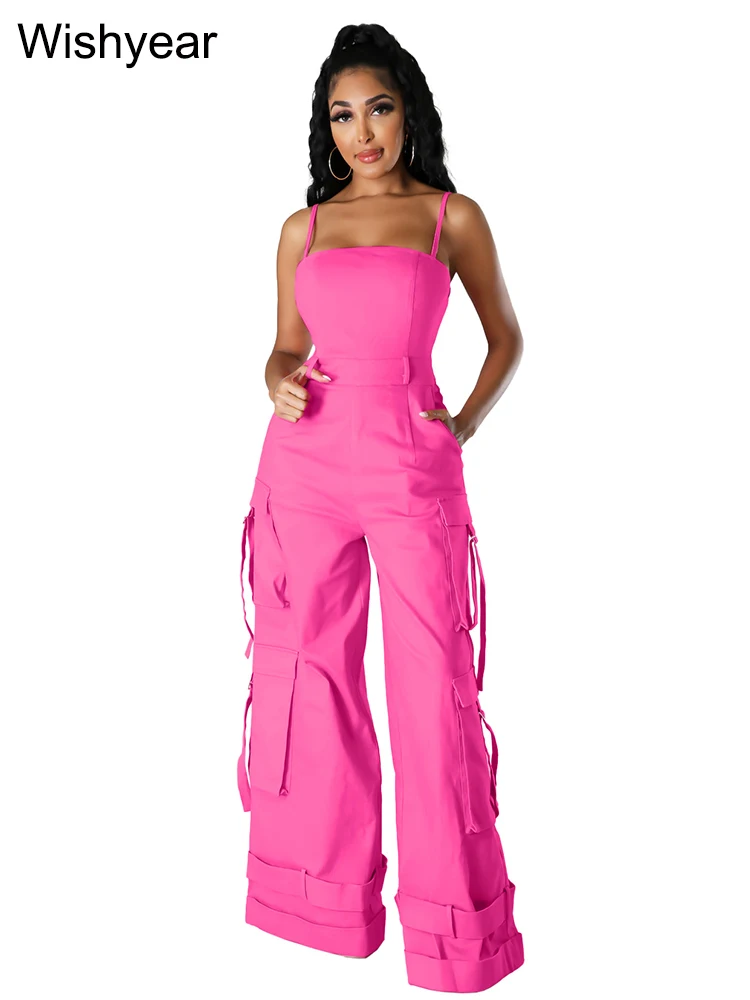 thumbnail image 1 of Mono de pierna ancha con múltiples bolsillos y tirantes finos para mujer, peto de una pieza sin espalda, color caqui, ropa de calle, 1 of 5