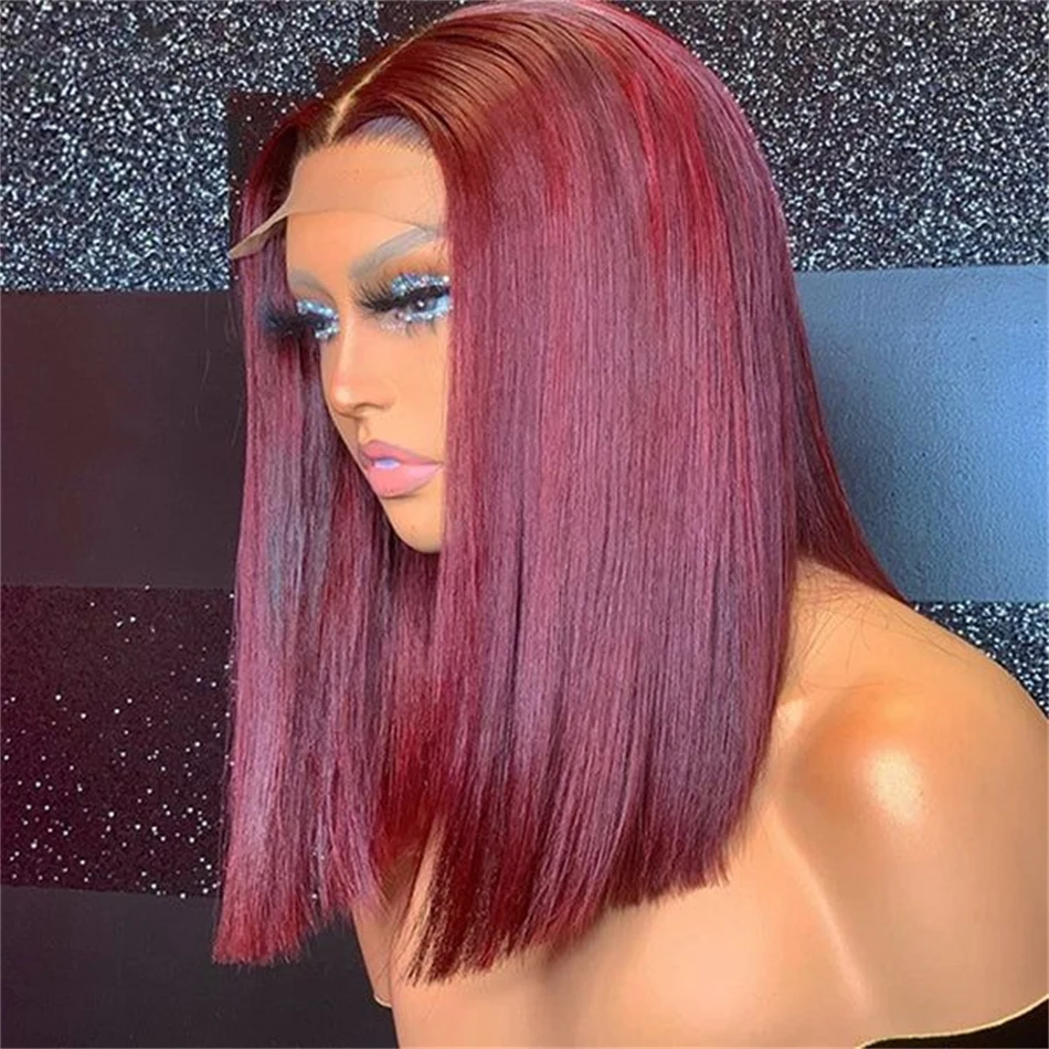 

99j Burgundy Short Straight Bob Human Hair Wigs Brazil Bob Wig 13x4 Lace Frontal Human Wigs Pre Plucked Lace Front Wig Remy Hair