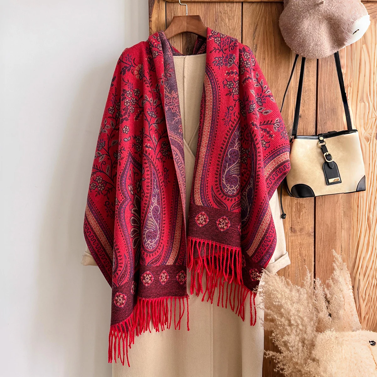 Brand Fashion Women's Winter Cashmere Shawl - Vintage Floral Printed Tasseled Oil Painting Style Pashmina Thick Wrap & Echarpe