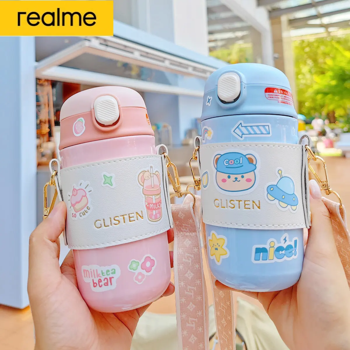 

Термос realme с ремешком, модная кофейная чашка, наклейка «сделай сам», детская бутылка для питья, бутылка для воды, сохраняет холод и тепло
