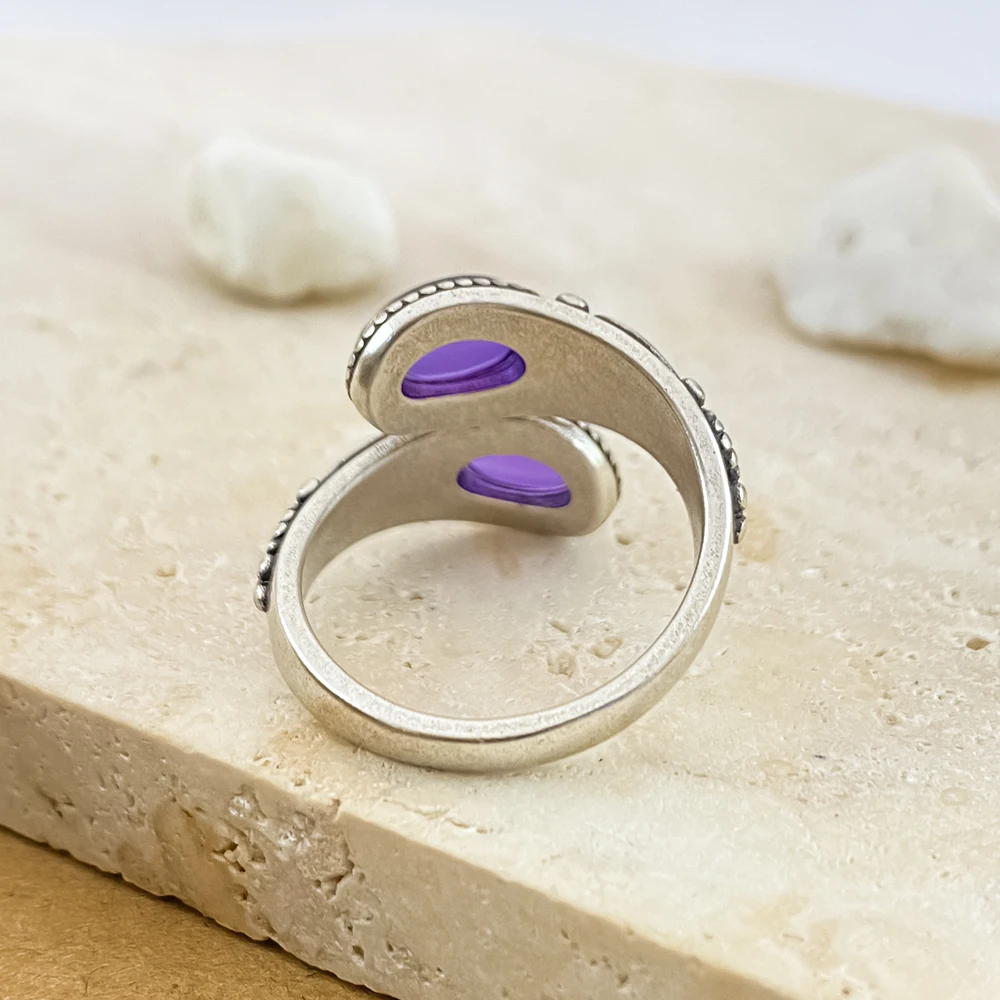 Vintage 925 Silver Ring with Natural Amethyst 6*8mm Adjustable Rings Flower Carved Stamping Bohemia Style Fine Jewelry for Women 5