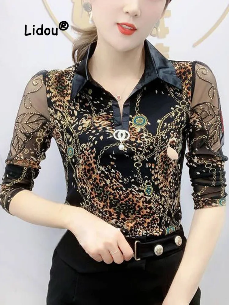 2022 New All-match Hot Drilling Printing Blouse Women Classic Long Sleeve Polo Collar Bottoming Shirt Autumn Winter Plush Top