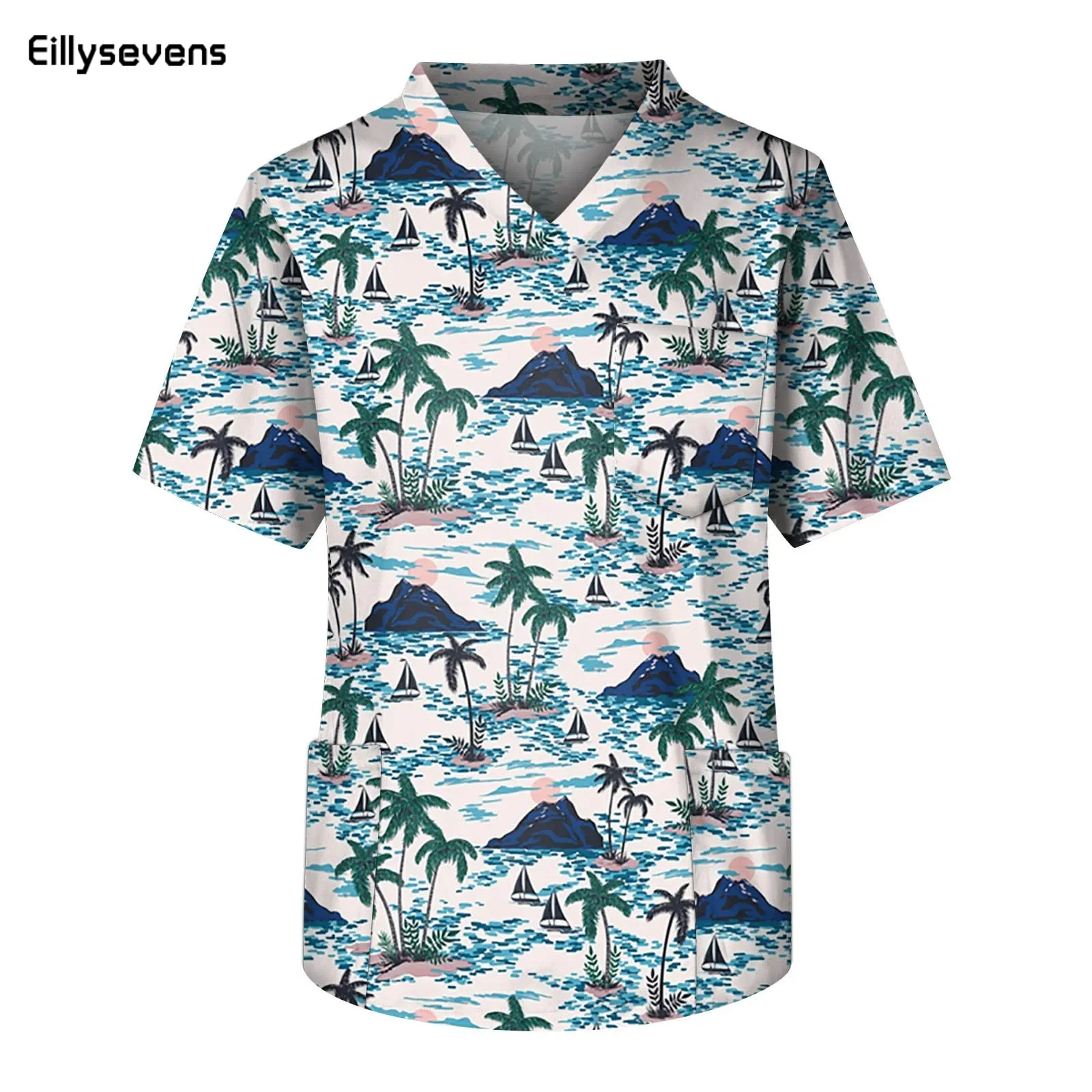 

Men'S Short Sleeve V Neck Tree Print Chest Pocket Carer Top Male Scrub Nurse Working Uniform T-Shirts Workwear Tee 2024