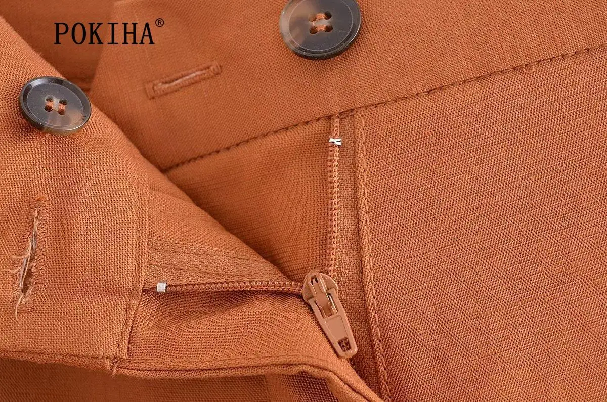 Pokiha Fashion Women Vintage Linen Front Buttons Cropped Waistcoat And Elegant Mid Waisted Midi Dress Female Chic Two_voghion.com