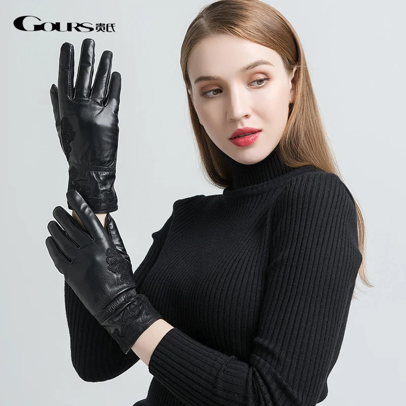 Gours-guantes de piel auténtica para mujer, manoplas de piel de cabra negra, de cálido, bordado, novedad de invierno, GSL055 _ - AliExpress Mobile