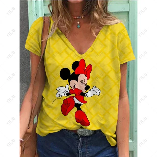 thumbnail image 1 of Camiseta holgada informal de verano con estampado de Mickey Mouse de Disney para mujer, camiseta básica con cuello en V y estampado gráfico, ropa de talla grande con estampado 3D, 1 of 5