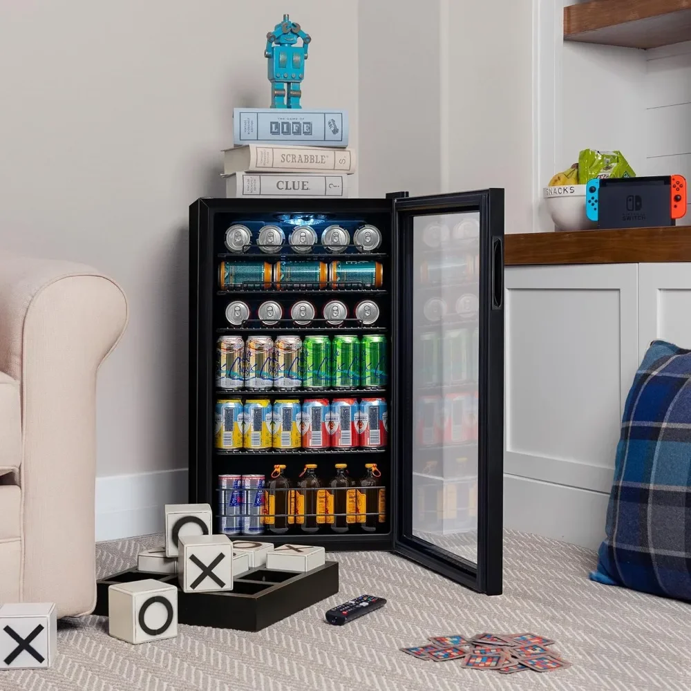 NEW-126 Can Beverage Refrigerator, Glass Door Mini Fridge Drink Cooler for Beer, Soda, Wine – Compact Freestanding Fridge for Ho