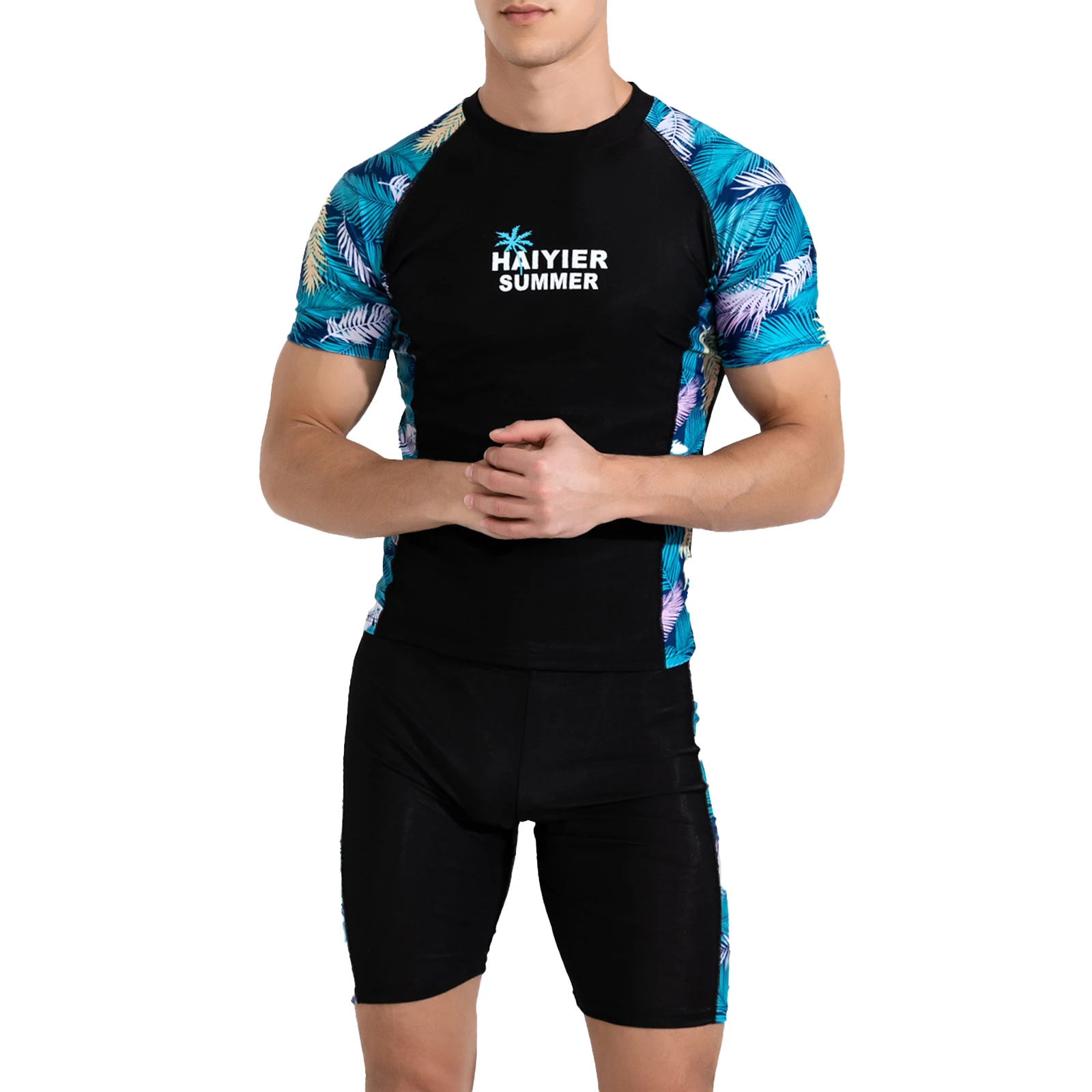Mens Two Pieces Sport Swimsuit Print T-shirt Top and Shorts Set Swimming Training Athletic Swimwear Pool Beach Bathing Suit