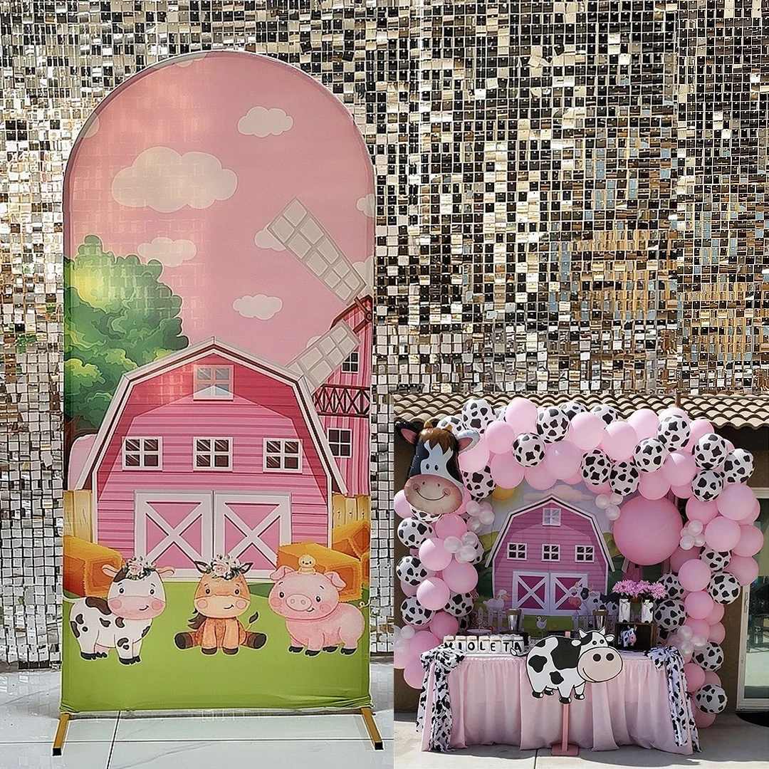 

Farm Theme Arched Backdrop Covers Pink Barn Stretchy Arch Stand Cover for Birthday Baby Shower Party Decoration GX-245