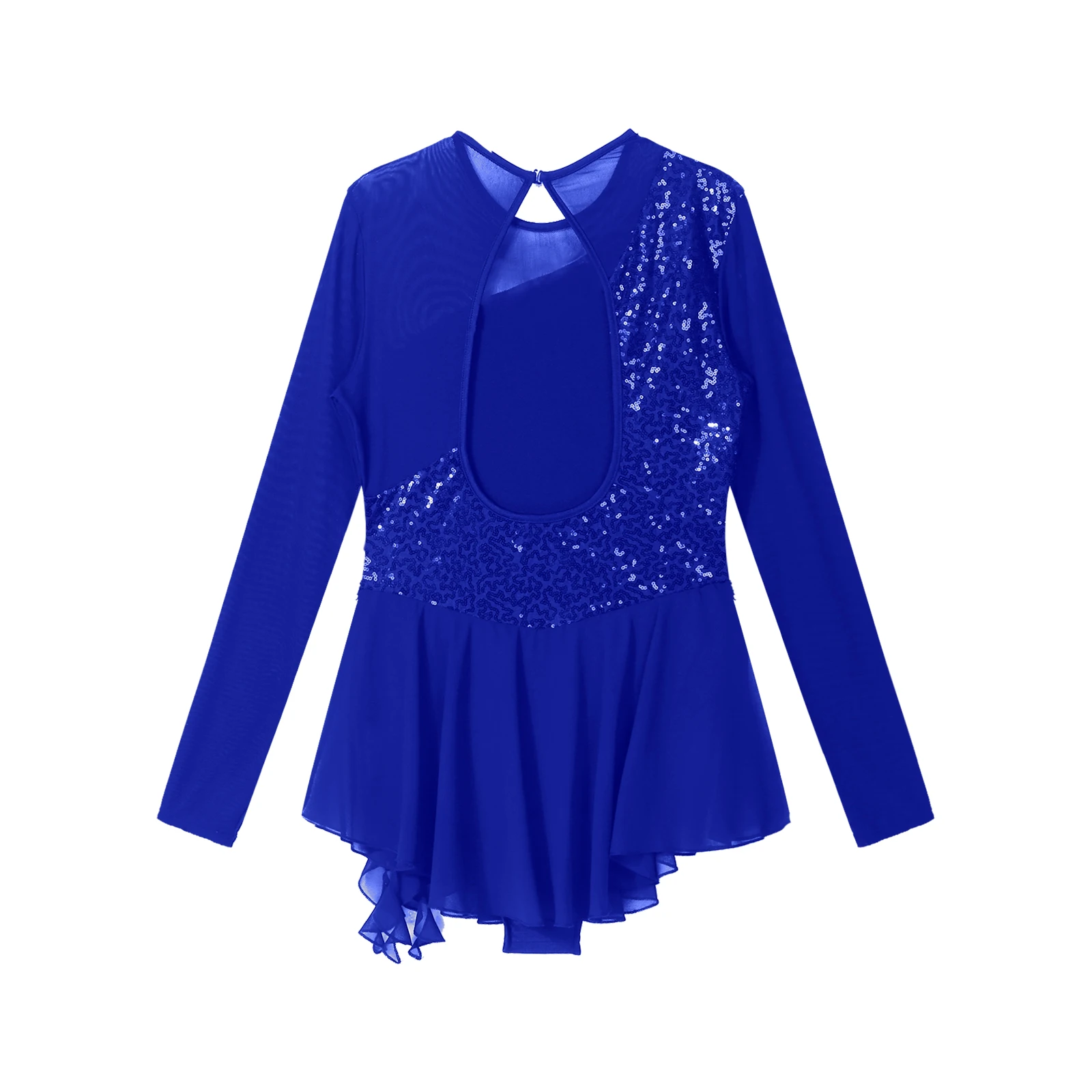 Womens Ballet Dance Dress Glittery Sequins Sheer Mesh Patchwork Dress Dancewear for Dance Figure Ice Skating Competition