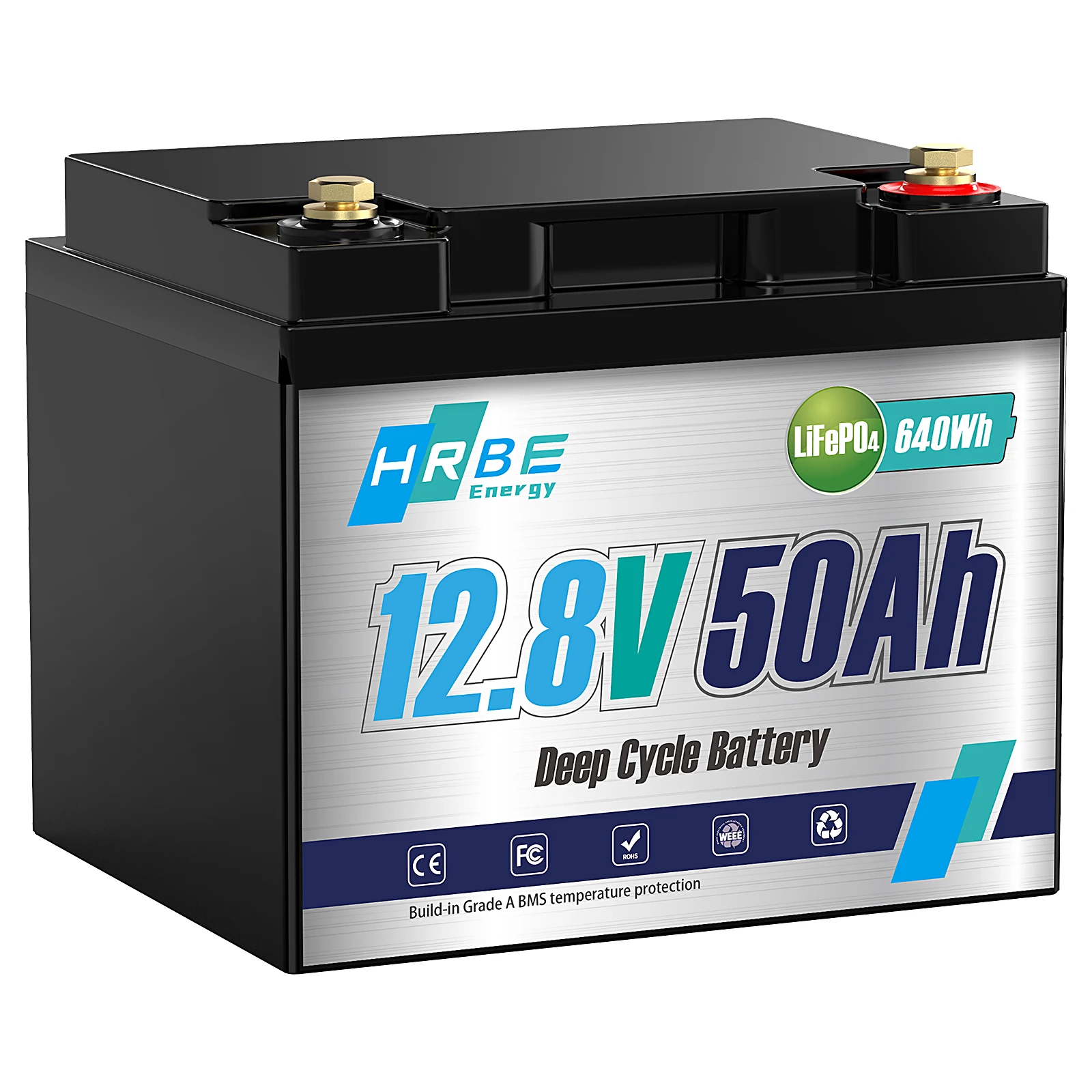 HRBEEnergy 12V 50AH LiFePO4 Batteriepack 50A BMS 4000+ Zyklen für Heimenergie, Wohnmobile, Trolling-Motoren, Marine, Solar, Off-Grid-Batterie
