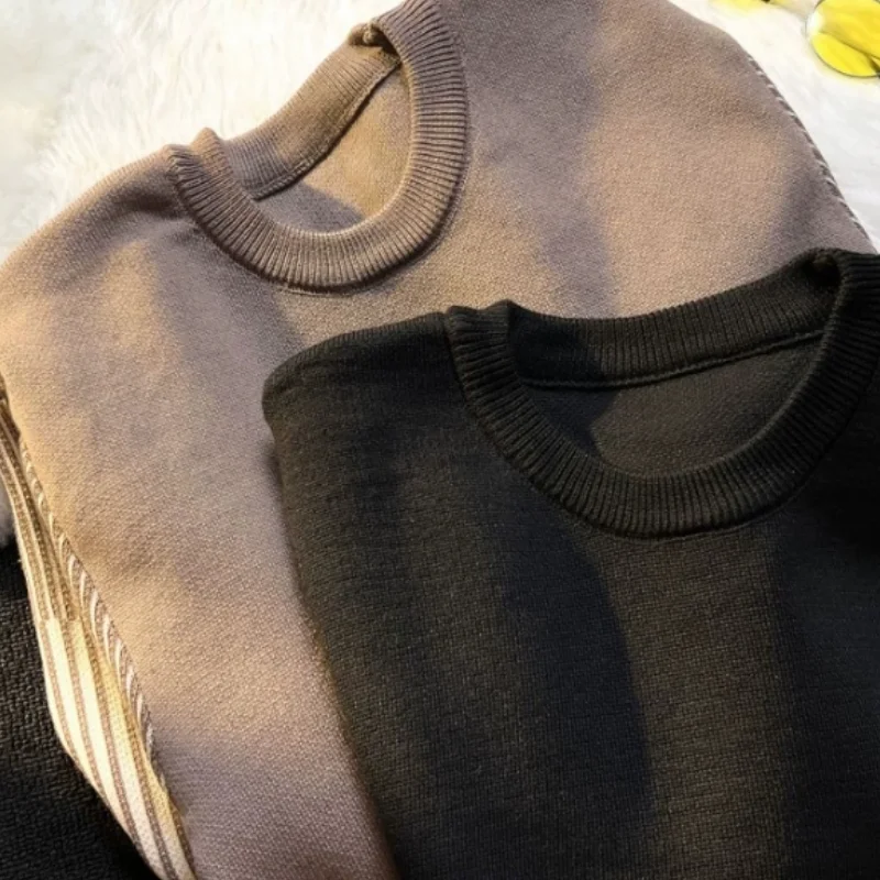 Men's Round Neck Knitted Sweater 2024 Spring New Korean Striped Patchwork Pullover Sweater Loose Handsome Men Clothing D0021