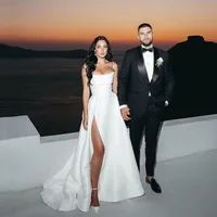 Modern A Line Wedding Dresses Women Strapless Side Slit Pleats Beach Satin Brides Dress Wedding Gown vestidos de novia 2025 1