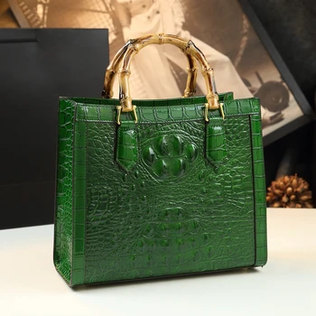 Brand Genuine Leather Real Bamboo Women's Bag Crocodile Pattern Handbag Portable Tote Bag Mom Tide Shoulder Messenger Bags