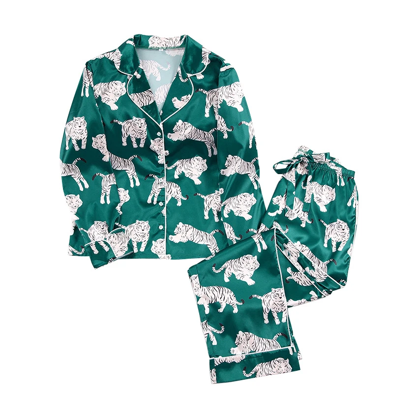pyjama sets 2021 white tiger animal print elegant temperament pajamas women's summer thin bow women's silk sleepwear set satin pajama set