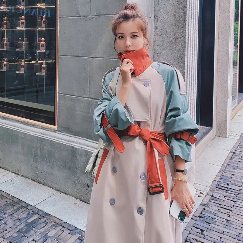 Women Spring Long Contrast Stitched Windbreaker 2024 New Patchwork Trench Windbreaker Casual Lady England Style Jacket Thin Coat