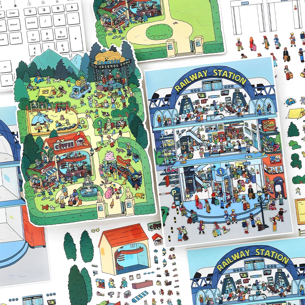 귀여운 기차역 3D 친환경 공원 풍경 스티커 DIY 포켓 캐빈 장면 크리스마스 선물 ?