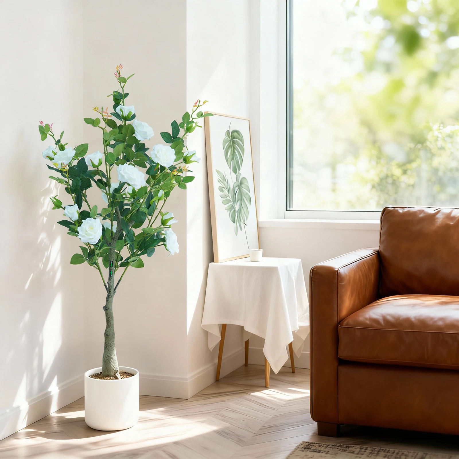 2 Stück 120 cm große künstliche Rosenbäume, Blumenbodenpflanzen mit realistischen Blüten, künstliche Rosensträuße im Topf für Zuhause, Eingangsbereich – Detail 14