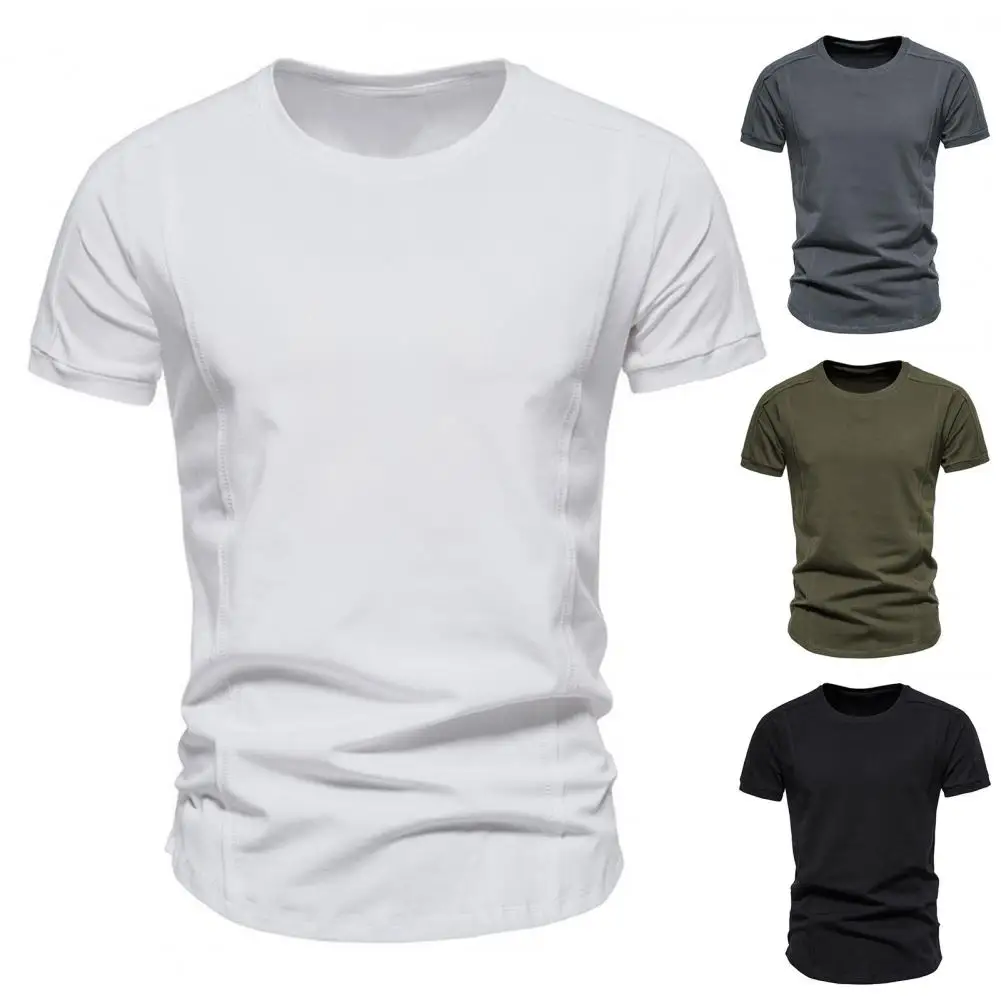 Men Summer Tshirt Short Sleeve Round Neck Solid Color Slim Fit