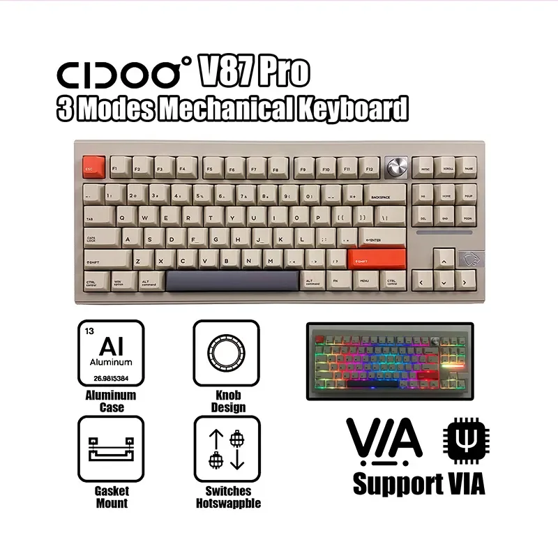 

CIDOO V87 Pro Gasket Mechanical Keyboard Rgb Hot Swap 87-key Bluetooth /2.4/usb-c Wireless Aluminum Alloy Numerical Control Via