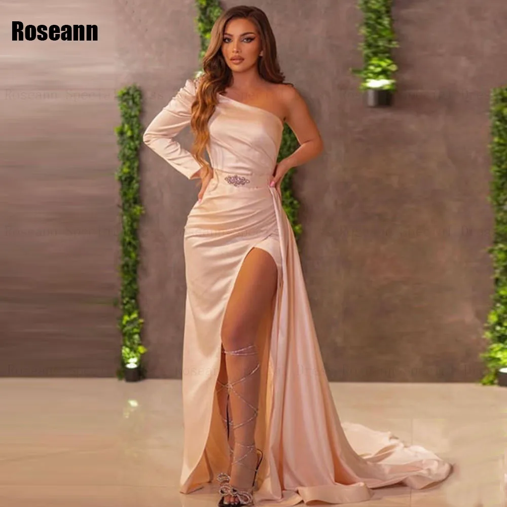 

2024 Exquisite A-line Evening Dresses Strapless Belt One-Shoulder Open Back Front Split Party Dress Floor Length Robe de soirée