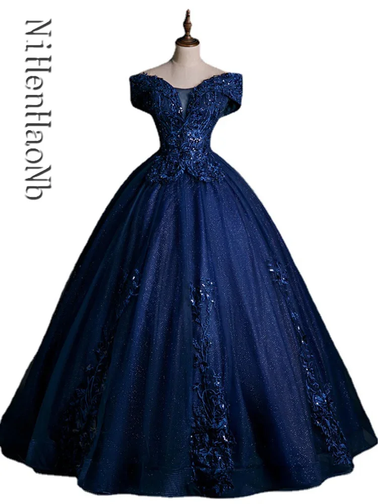 

Navy Blue Quinceanera Dresses Tulle Ball Gowns Off The Shoulder Appliques Sweet 15 16 Party Dresses
