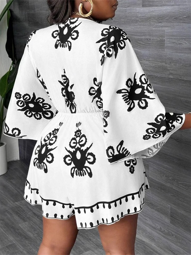 Wmstar Plus Size Jumpsuit Women Print Short Sleeve Bodysuit Loose Sexy Deep V Neck Summer Holiday Rompers Wholesale Dropshipping