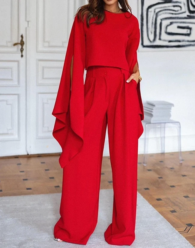 Asymmetric Cape Sleeve Top and Pants Set Are Hot Selling Fashion Casual Round Neck Long Sleeved Loose Wide Leg Set