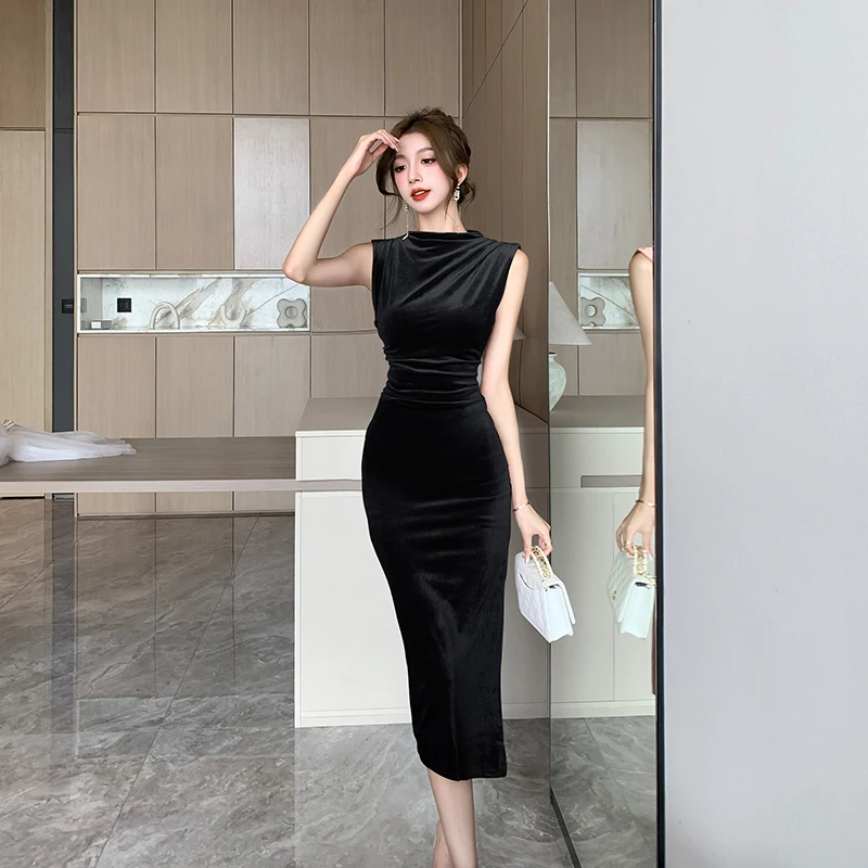 Korean Sleeveless Bodycon Velvet Midi Dresses for Women 2023