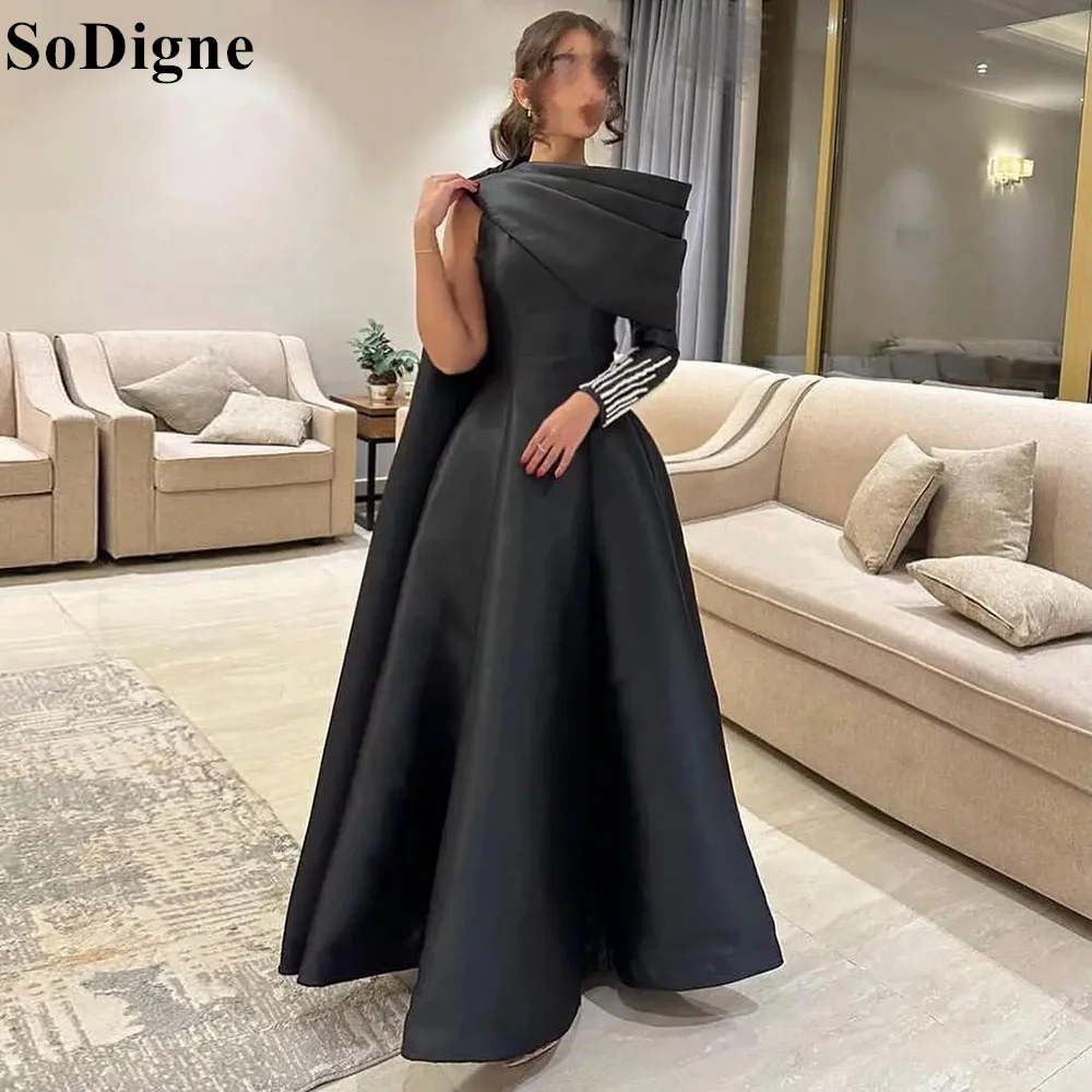 SoDigne Saudi Arabia Black Satin Evening Dresses A-Line Cape Sleeves ...