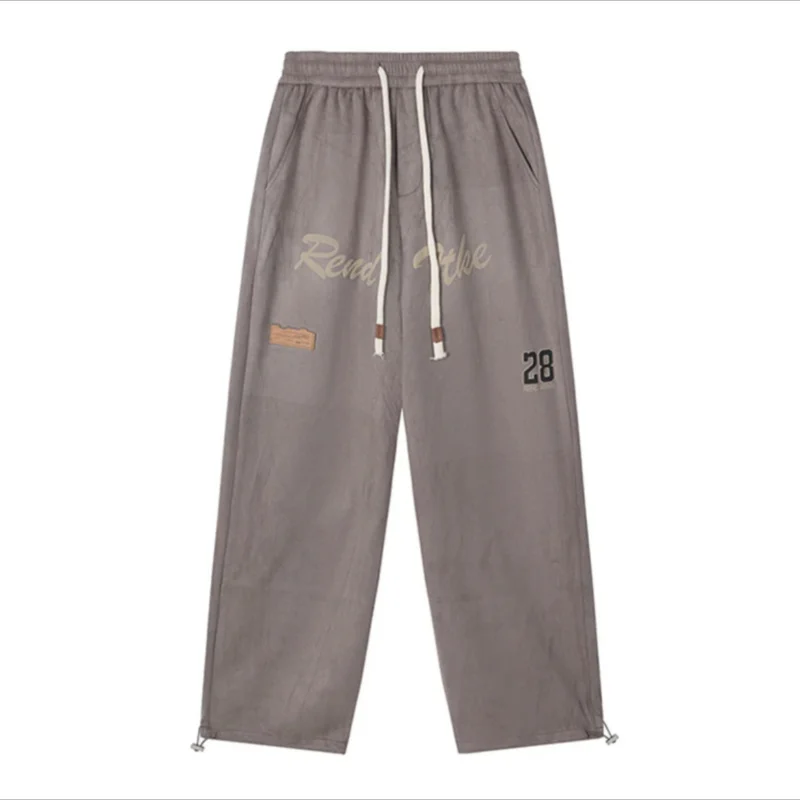 Korean Autumn New Trendy Loose Sports Wide Leg Pants Men Patchwork Side Stripe Pocket Elastic Waist Drawstring Straight Trousers