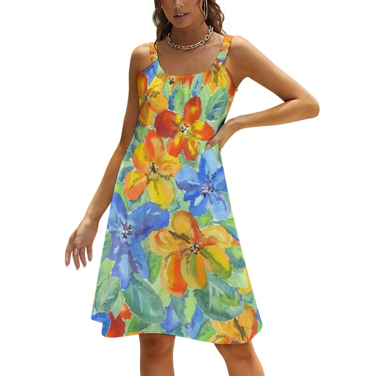 

Watercolor Hand-Painted Orange Blue Tropical Flowers Beach Sling Skirt dress Women's clothing woman dress