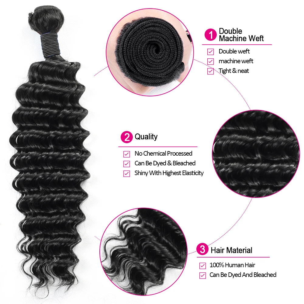 Deep Wave Bundles 3 PCS Natural Color 100% Remy Human Hair Bundles 10-40 Inch 100 Gram Per Bundle Sew In Quick Weave Bundles 5