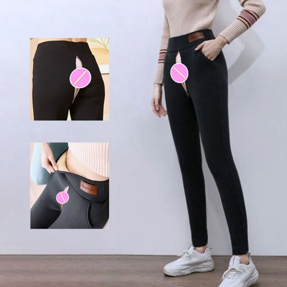 Winter Fleece Invisible Open Crotch Outdoor Sex Pants Warm Trousers Yoga Sport Leggings Femme Shaping plus Size Women's Clothing